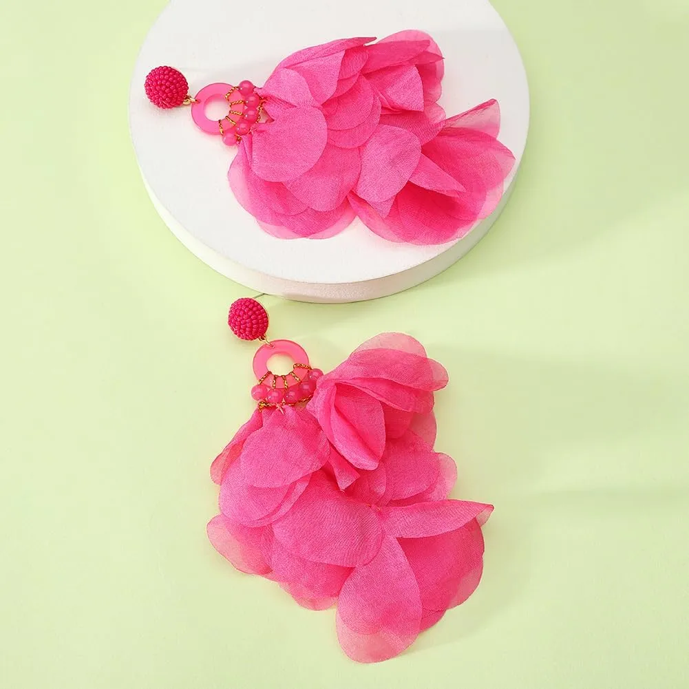Ztech Handmade Boho Summer Fabric Flower Tassel Earrings for Women Perfect for Tropical Beach Vacation Party Statement Fashion Jewelry