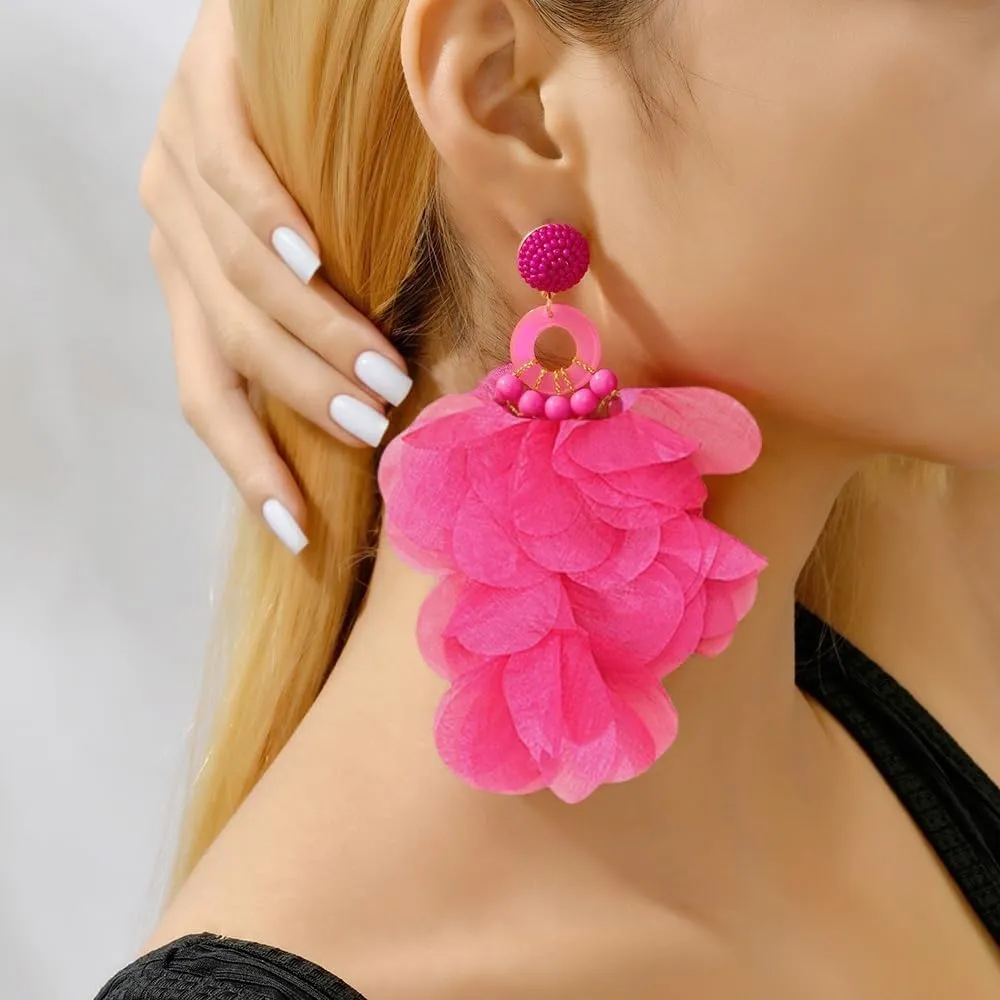 Ztech Handmade Boho Summer Fabric Flower Tassel Earrings for Women Perfect for Tropical Beach Vacation Party Statement Fashion Jewelry