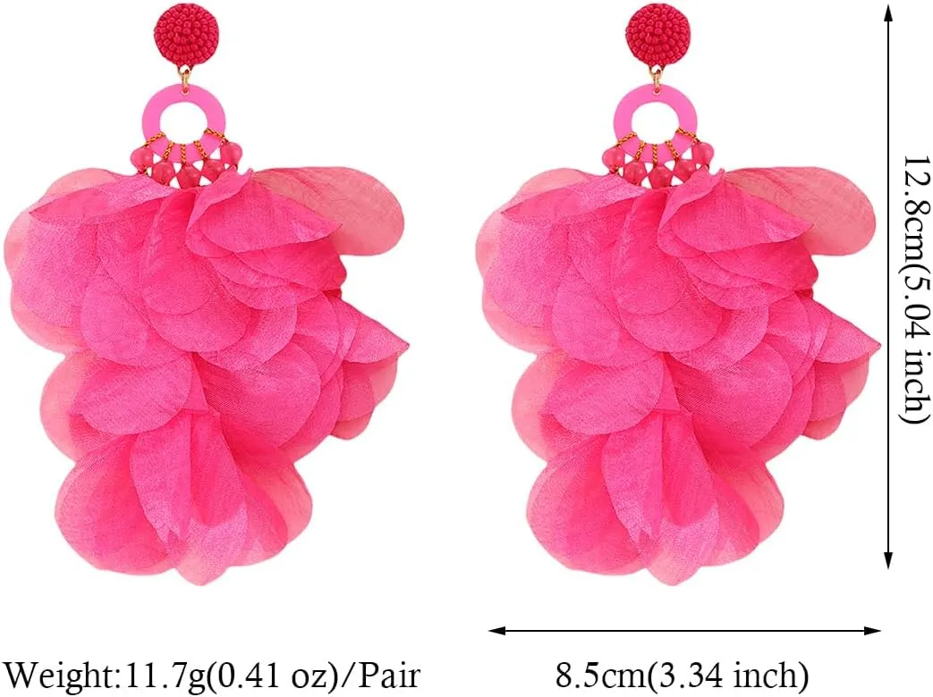 Ztech Handmade Boho Summer Fabric Flower Tassel Earrings for Women Perfect for Tropical Beach Vacation Party Statement Fashion Jewelry
